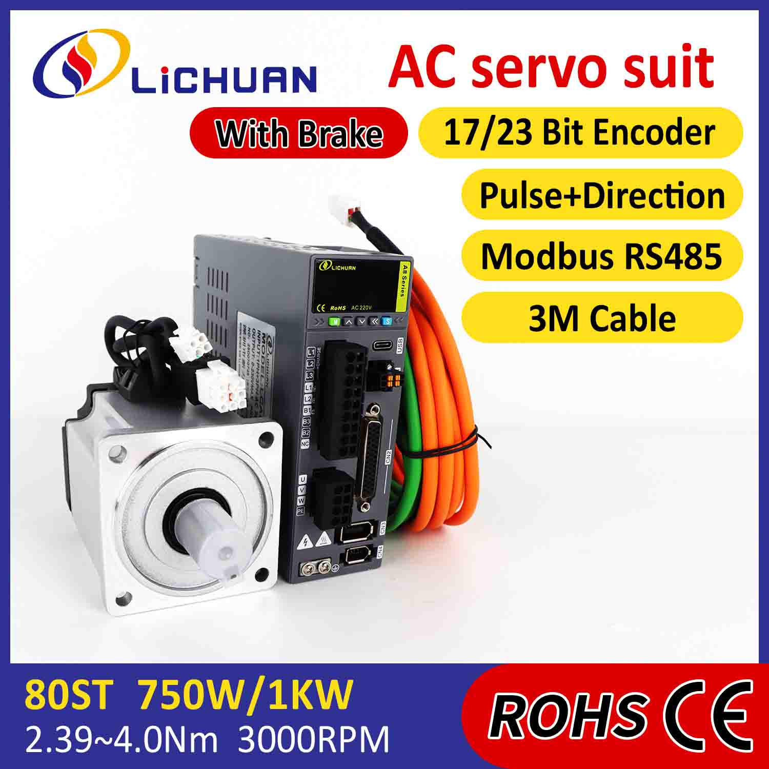 Kit de drivere pentru servomotoare AC Lichuan A8 de înaltă precizie STO ABZ 1001W 1KW 4.0N.m 220V 4.6A 2500/3000RPM IP65