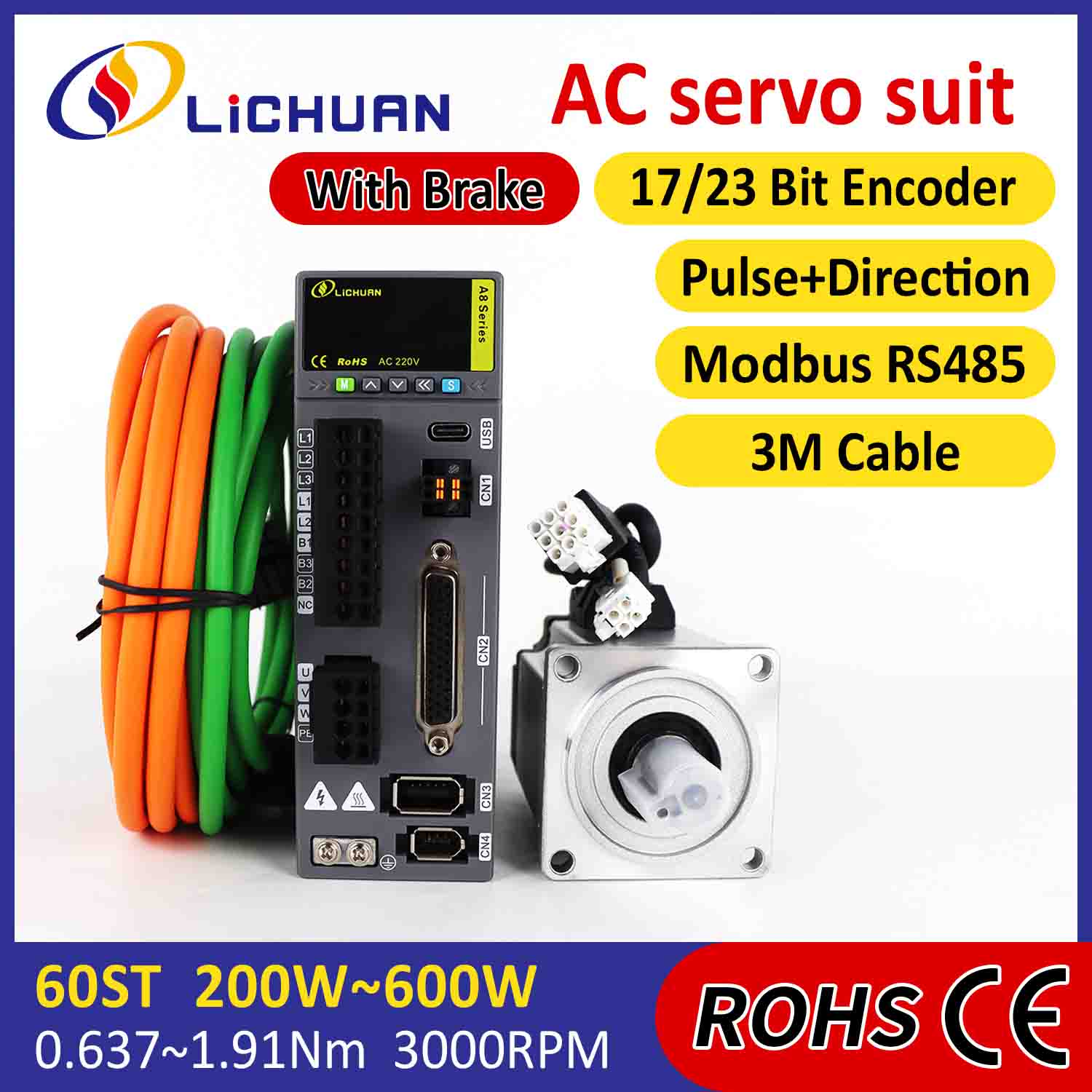 Kit de drivere pentru servomotoare AC Lichuan A8 Precizie ridicată STO ABZ 200W 0.637N.m 220V 1.6A 3000RPM IP65