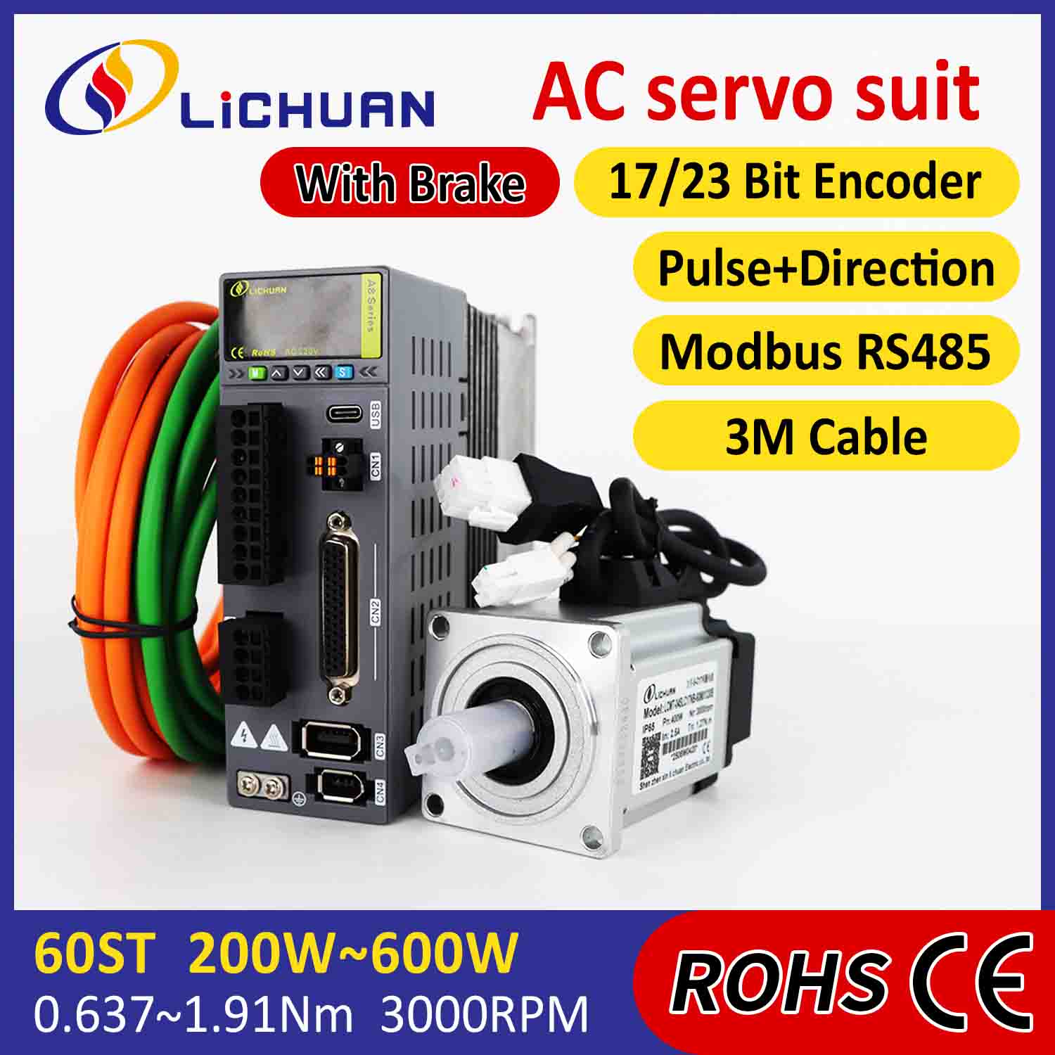 Set de drivere pentru servomotoare AC Lichuan A8 de înaltă precizie STO ABZ 400W 1.27N.m 220V 2.5A 3000RPM IP65
