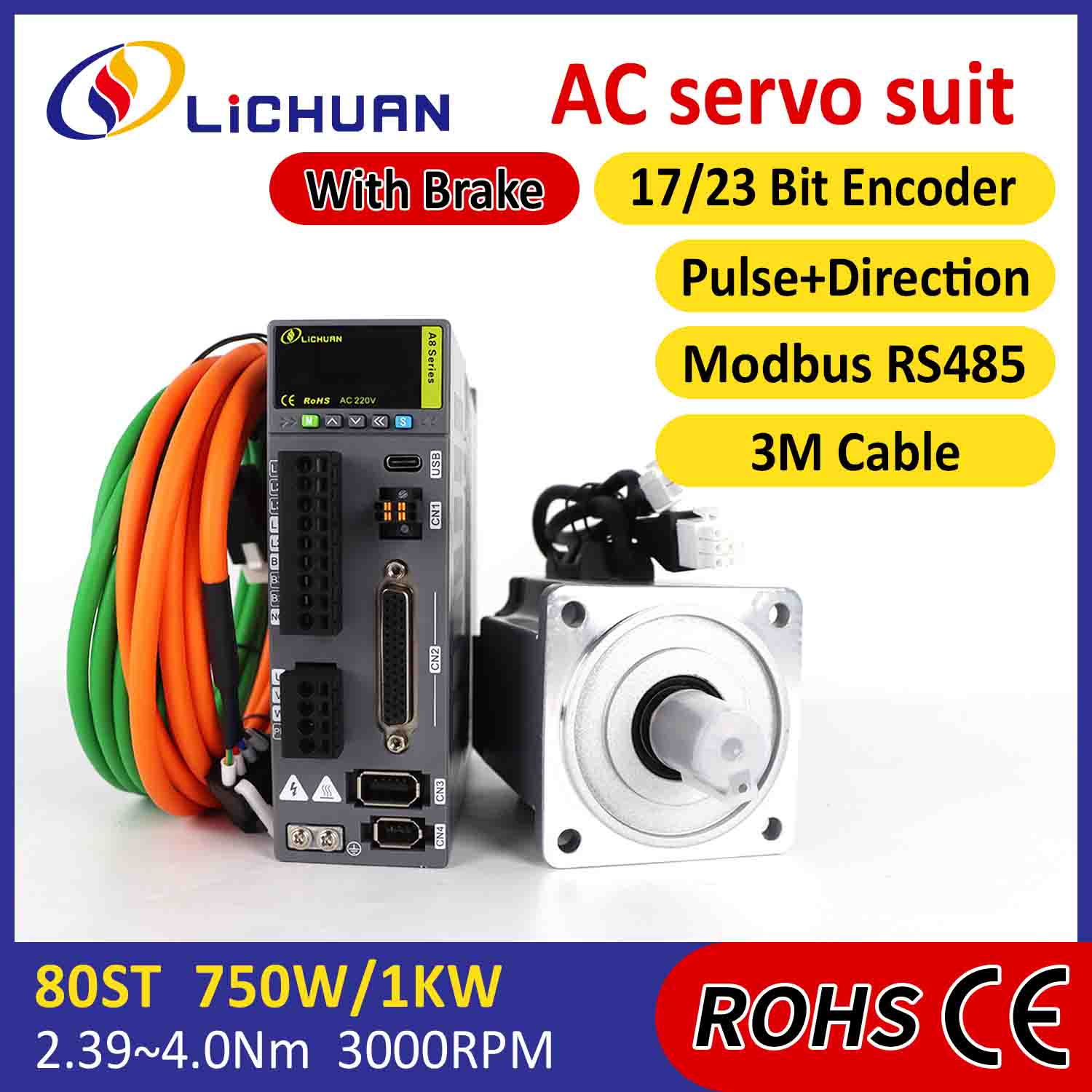 Kit de drivere pentru servomotoare AC Lichuan A8 de înaltă precizie STO ABZ 750W 0.75KW 2.39N.m 220V 4.5A 2500/3000RPM IP65