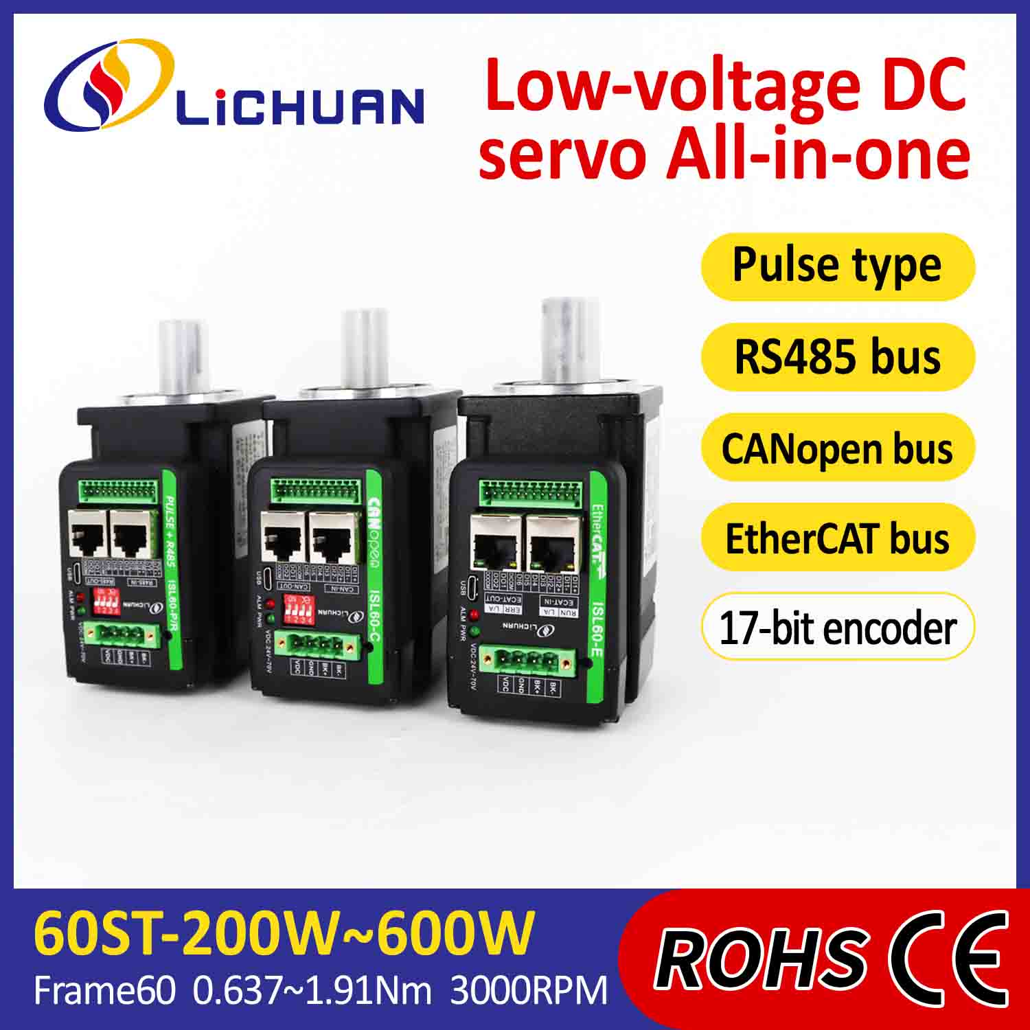Lichuan Servomotoare integrate Driver în formă de L 400W 1.27N.m DC24/48V 6.0/10/12/15A 3000RPM IP65