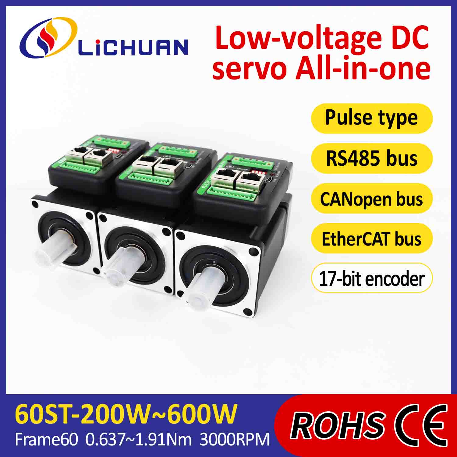 Lichuan Servomotoare integrate Driver în formă de L 600W 1.91N.m DC24/48V 6.0/10/12/15A 3000RPM IP65