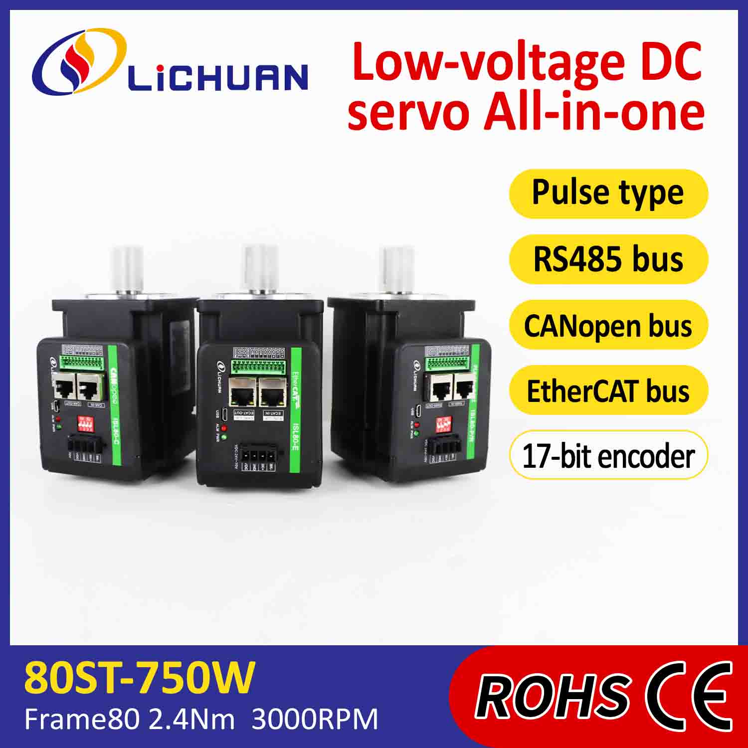 Lichuan Servomotoare integrate Driver în formă de L 750W 2.4N.m DC48V 20A 3000RPM IP65