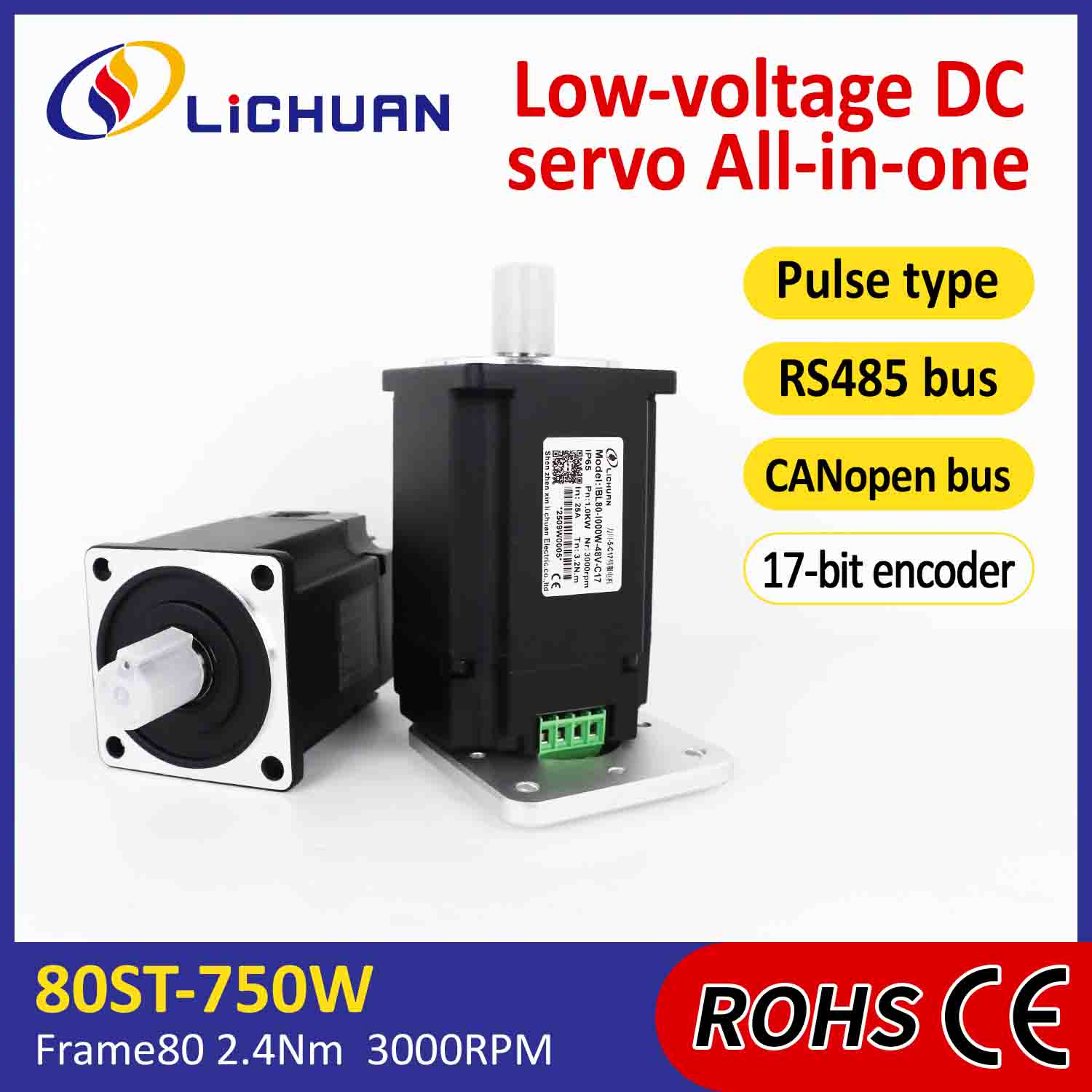 Servomotoare integrate Lichuan Driver Pulse/RS485/Canopen Control 1000W 3.2N.m DC48V 20/25A 3000RPM IP65