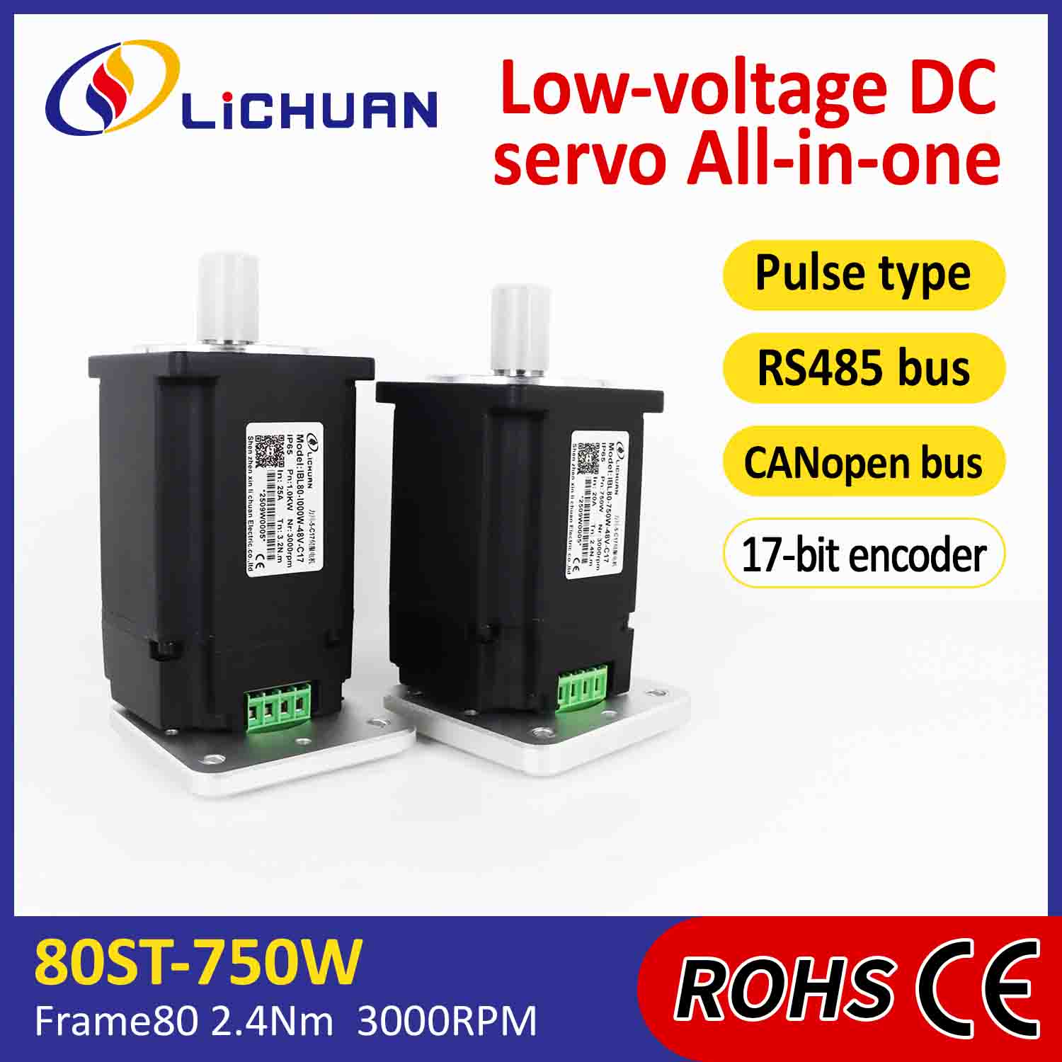 Servomotoare integrate Lichuan Driver Pulse/RS485/Canopen Control 750W 2.4N.m DC48V 20/25A 3000RPM IP65