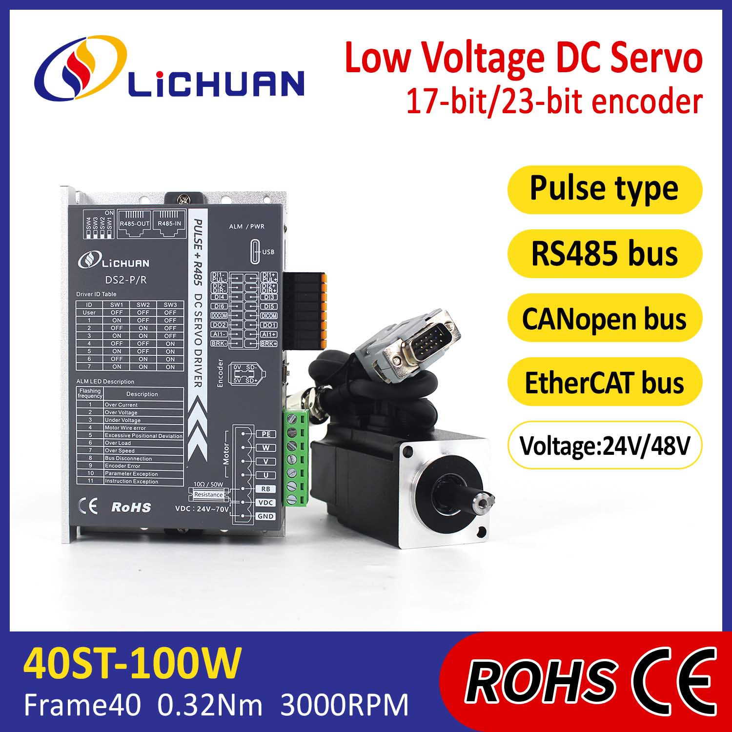 Set de drivere pentru servomotoare de joasă tensiune DC Pulse/RS485/CANopen/EtherCAT 40 FLANGED 100W