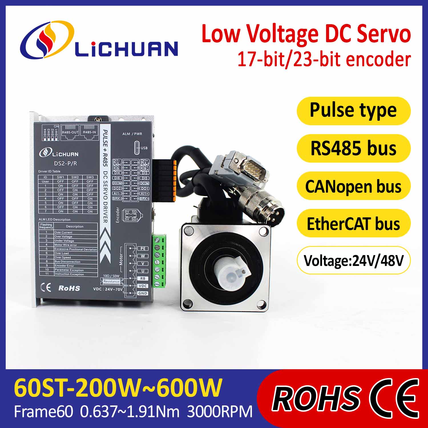 Pulse/RS485/CANopen/EtherCAT 60 FLANGED 200W/400W/600W Kit de drivere pentru servomotoare DC de joasă tensiune